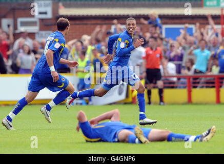 Wimbledon's Christian Jolley celebrates scoring the winnner during the npower Football League Two match at the Cherry Red Records Fans' Stadium Kingsmeadow in London. Stock Photo