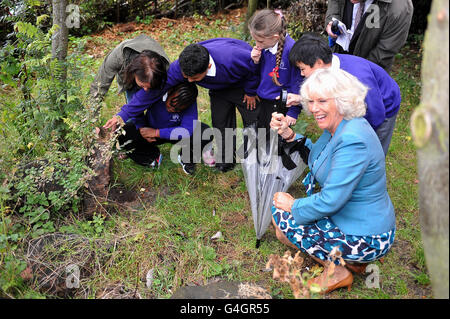 The Duchess of Cornwall joins children searching for wildlife during a visit to Walworth Garden Farm, in central London as part of a tour of urban gardens. Stock Photo