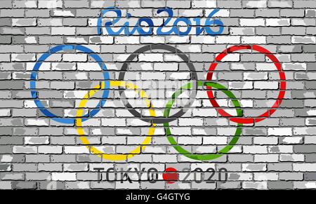 Rio 2016 in Olympic Flag on a brick wall Stock Photo