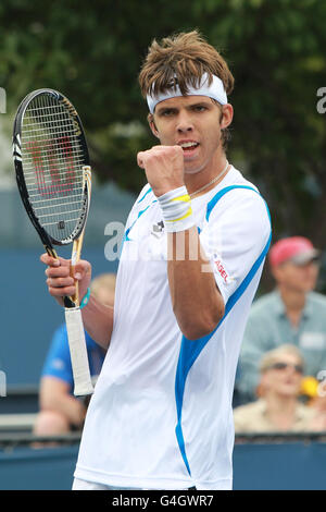 Czech Republic's Jiri Vesely reacts against Great Britain's Oliver Golding during day fourteen of the US Open at Flushing Meadows, New York, USA. Stock Photo