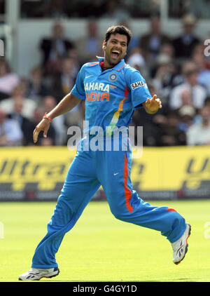 India's Rudra Pratap Singh celebrates taking the wicket of England's Alastair Cook for 12 during the One Day International between England and India at Lord's cricket ground, London Stock Photo