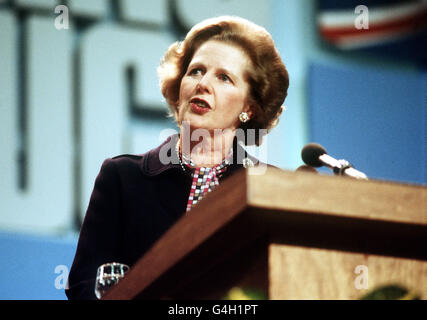 A library file picture of former Prime Minister Margaret Thatcher giving a speech during the Conservative Party Conference in Brighton. Stock Photo