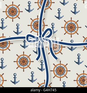 Marine pattern of anchors and steering wheels . Seamless backgro Stock Vector