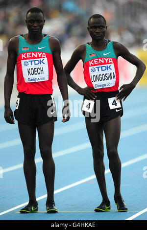 Kenya's Isiah Kiplangat Koech (l) and teammate Thomas Pkemei Longosiwa prior to the Men's 5000m heats Stock Photo