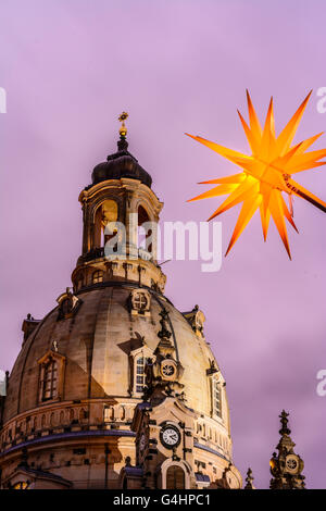 Moravian Star at Christmas Market on Neumarkt in front of the Frauenkirche, Germany, Sachsen, Saxony, , Dresden Stock Photo