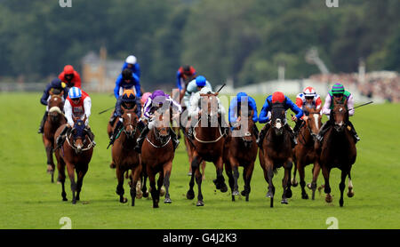 Sir Isaac Newton ridden by Ryan Moore (second left) wins the Wolferton Handicap Stakes during day five of Royal Ascot 2016, at Ascot Racecourse. Stock Photo