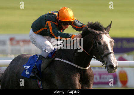 Jockey David Allan on Silvery Moon on the way to winning the Isle Of Skye 8-Y-O Blended Scotch Whisky Handicap Stock Photo