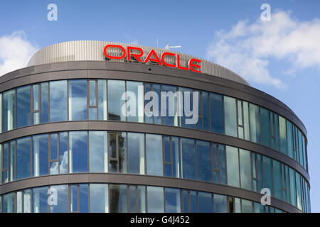 PRAGUE, CZECH REPUBLIC - JUNE 18: Oracle company logo on Czech headquarters building on June 18, 2016 in Prague, Czech republic. Stock Photo