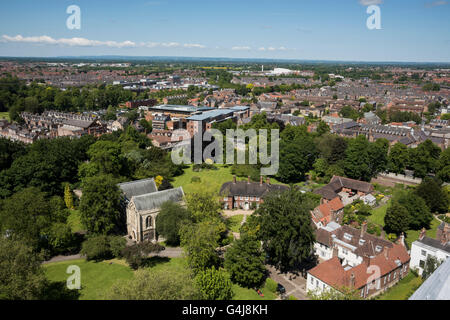 Spectacular, panoramic view from York Minster’s Central Tower of the city and countryside beyond - York, North Yorkshire, GB, Stock Photo