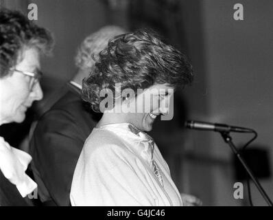 The Princess of Wales giggles over a joke she made about her O-level results (she passed none) during a speech at her old school, West Heath School, Sevenoaks, Kent. Stock Photo