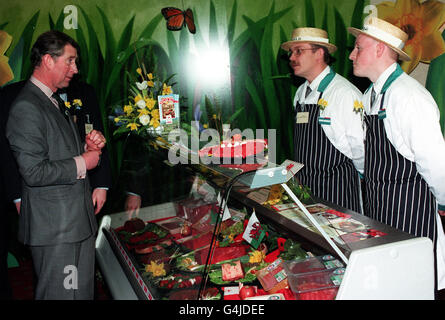 The Prince of Wales talks to butchers at Celtic Manor before tasting Welsh Beef during his visit to Newport. The Prince launched a campaign promoting Welsh beef and lamb. Stock Photo