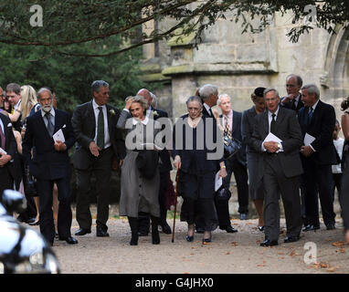 Patricia, Countess of Harewood, centre, with Prince Michael of Kent, left, and the Duke of Gloucester, third right, and family members leave All Saints Church, Harewood following a Service of Thanksgiving for the life of the 7th Earl of Harewood who died aged 88 in July of this year. Stock Photo