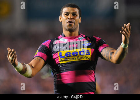 Rugby League - engage Super League - Semi Final - Warrington Wolves v Leeds Rhinos - Halliwell Jones Stadium. Leeds Rhinos' Ryan Bailey celebrates victory during the engage Super League, Semi Final match at the Halliwell Jones Stadium, Warrington. Stock Photo