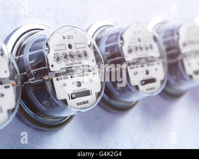 Row of analog electric meters. Electricity consumption concept. 3d illustration Stock Photo