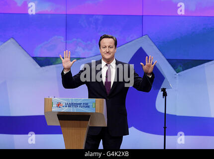 Prime Minister David Cameron delivers his keynote speech to the Conservative Party Conference at the Manchester Central, Manchester. Stock Photo