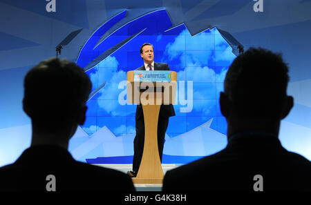 Prime Minister David Cameron delivers his keynote speech on the final day of the Conservative Party Conference at Manchester Central, Manchester. Stock Photo
