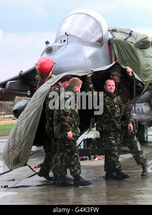 RAF ground crew/bad weather Stock Photo