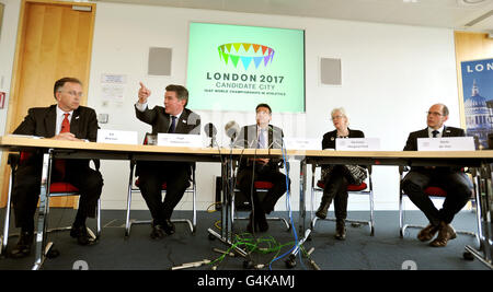 (left to right) Chairman of the 2017 bid Ed Warner, Minister for Sport Hugh Robertson, Lord Sebastian Coe, Baroness Margaret Ford and Niels de Vos during the IAAF Evaluation Commission press conference at 2 More London Riverside, London. Stock Photo