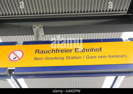 Sign ' Non-Smoking station ' of the DB AG, Germany, Sachsen, Saxony, , Dresden Stock Photo
