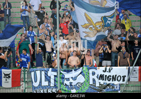 Soccer - Ligue 1 - St Etienne v AJ Auxerre - Stade Geoffroy-Guichard. AJ Auxerre fans show their support in the stands Stock Photo