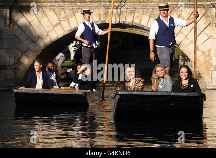 Miss World 2011 contestants (righthand punt, front left - right) Miss Ireland Holly Carpenter, Miss England Alize Mounter and Miss Scotland Jennifer Reoch take a trip in a punt on the River Cam in Cambridge, Cambridgeshire. Stock Photo