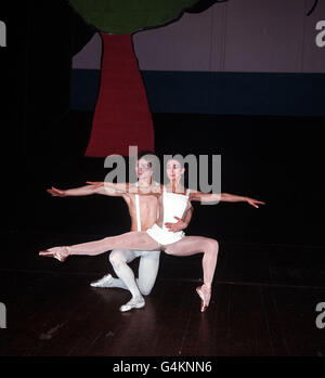 Margot Fonteyn and Rudolf Nureyev in a rehearsal of Roland Petit's new ballet 'Paradise Lost' at Covent Garden in London. The ballet is to have its world premiere on February 23, 1967, at the Royal Ballet Benevolent Fund Gala. Stock Photo