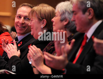 Left to right. Shadow Defence Secretary Jim Murphy with Johanne Lamont MSP, Scottish Labour leadership candidate, Gil Gray and Scottish Labour leader Iain Gray at the Royal Concert Hall in Glasgow at the Scottish Labour Party Review conference. Stock Photo