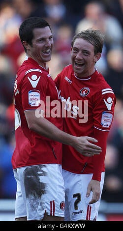 Charlton Athletic's Yann Kermorgant celebrates his second goal with Danny Green during the npower Football League One match at The Valley, London. Stock Photo