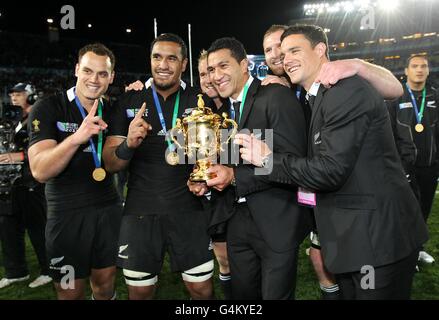 (left to right) New Zealand's Israel Dagg, Jerome Kaino, Mils Muliaina, Kieran Read and Dan Carter celebrate winning the world cup Stock Photo