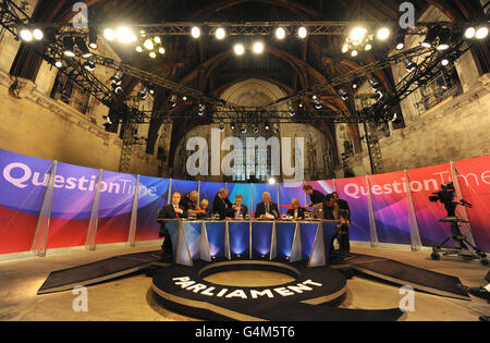 Host David Dimbleby (fourth from left) and panellists (left to right) Peter Hitchens, Baroness Shirley Williams, Shadow Chancellor Ed Balls, Home Secretary Theresa May and poet Benjamin Zephaniah prepare for a recording of the BBC's 'Question Time', in Westminster Hall, London. Stock Photo