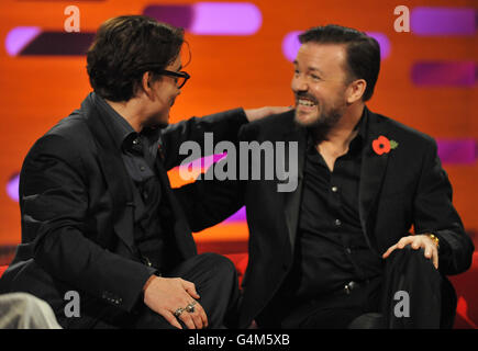 Johnny Depp (left) and Ricky Gervais, during the filming of the Graham