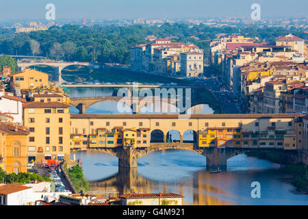 Florence, Florence Province, Tuscany, Italy.  View from Piazzale Michelangelo to bridges across Arno river. Stock Photo