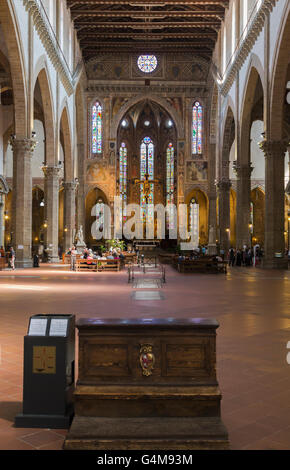 Florence, Tuscany, Italy.  Santa Croce Basilica.  View along length of nave to altar. Stock Photo