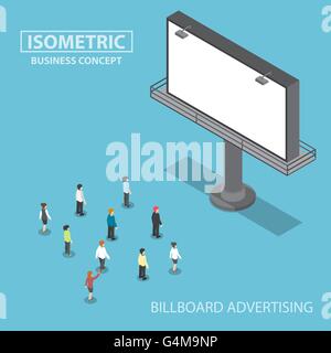 Isometric business people standing in front of large billboard, billboard advertising concept Stock Vector