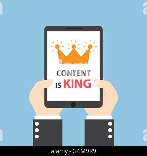 Hands holding tablet with words CONTENT IS KING, seo search engine optimization and content marketing concept Stock Vector