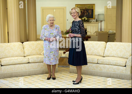 Queen Elizabeth II grants an audience to Ms Quentin Bryce, the Governor General of Australia, at Government House in Canberra during the second day of their 11 day visit. Stock Photo