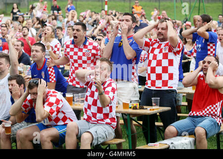 Croatian football fans watching EURO 2016 match Czech Republic vs Croatia in Zagreb, Croatia. Stock Photo