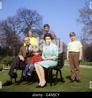 The Royal Family in the grounds of Frogmore House, Windsor, Berkshire. Left to right: Duke of Edinburgh, Princess Anne, Prince Edward, Queen Elizabeth II, Prince Charles (behind the Queen) and Prince Andrew. Stock Photo