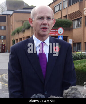 Dr Colin Close, medical director for Musgrove Park Hospital, speaks to the media, where 16 casualties were being treated, following a 27 vehicle pile-up last night on the M5 motorway close to Taunton in Somerset in which several people were killed and dozens of others injured. Stock Photo