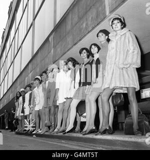 Twenty mini-skirted British models at Heathrow Airport, London, prior to their departure to Moscow. They are members of the British Clothing Export Council party, who are taking part in the Soviet Union's International Festival of Fashion to be held at the International Palace of Sports in the V.I. Lenin Stadium. Stock Photo