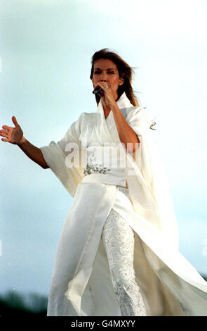 Canadian singer Celine Dion performs on stage at the the Don Valley Stadium in Sheffield, on the first date of her UK tour. Stock Photo