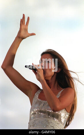 Canadian singer Celine Dion performs on stage at the the Don Valley Stadium in Sheffield, on the first date of her UK tour. Stock Photo