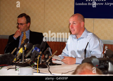 Rogue trader Nick Leeson, who brought down Barings Bank, speaking during a news conference at London's Heathrow airport. The day after Leeson was released from a Singapore jail. Stock Photo