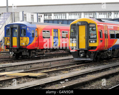 Railway stock. South West trains at Clapham junction railway station. Stock Photo