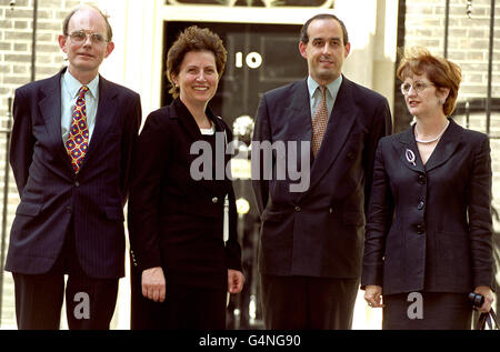 Former backbenchers, from left to right; Chris Mullin, who joins the Department of Environment, Transport and the Regions, German-born Gisela Stuart, who is appointed a junior Health Minister. David Hanson who joins the Welsh Office and Beverley Hughes who becomes a minister in the Department of Environment, Transport and the Regions outside No. 10 Downing Street in London after the Prime Minister's cabinet reshuffle. Stock Photo