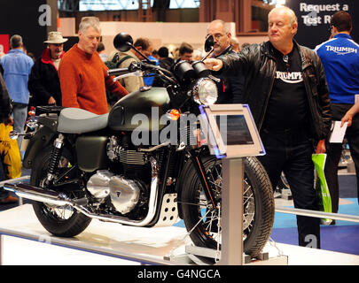 STANDALONE PHOTO. The Triumph Bonneville T100 Steve McQueen Special Edition Motorcycle on display at the Motorcycle Live show at the NEC in Birmingham, the motorcycle was created by Triumph in tribute to the classic Steve McQueen movie, The Great Escape. Stock Photo