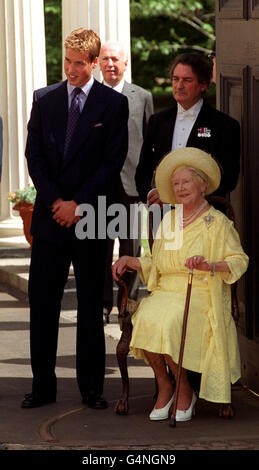 Prince William with his great-grandmother, The Queen Mother, outside Clarence House in London, where she was celebrating her ninty-ninth birthday. Stock Photo