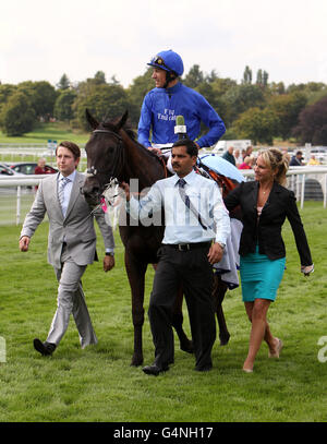 Horse Racing - Ebor Festival 2011 - Darley Yorkshire Oaks & Ladies Day - York Racecourse. Blue Bunting ridden by Lanfranco Dettori after winning the Darley Yorkshire Oaks (British Champions' Series) Stock Photo