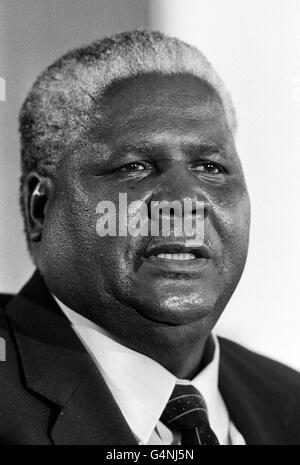 Zimbabwe Opposition leader Joshua Nkomo giving a press conference in London. 1/7/99: Joshua Nkomo, the father of Zimbabwe's fight against colonial rule in the former British colony of Rhodesia has died the government announced. He was 82. * State radio interrupted morning programmes to play the national anthem and liberation songs, and air a tribute by President Robert Mugabe. Vice President Nkomo had suffered from prostate cancer and undergone treatment in South Africa and Egypt since 1996. Stock Photo