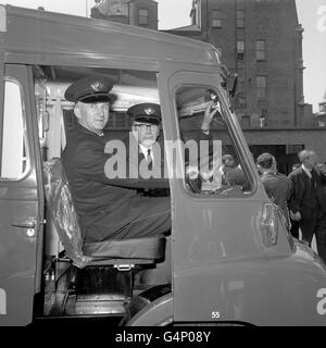 Postmen Edward Brickley (l) and Alfred Glover of the Post Office sit in their van before leaving for Paris. The postmen are taking their General Post Office van to the French capital to take part in a special parade of postal vehicles Stock Photo